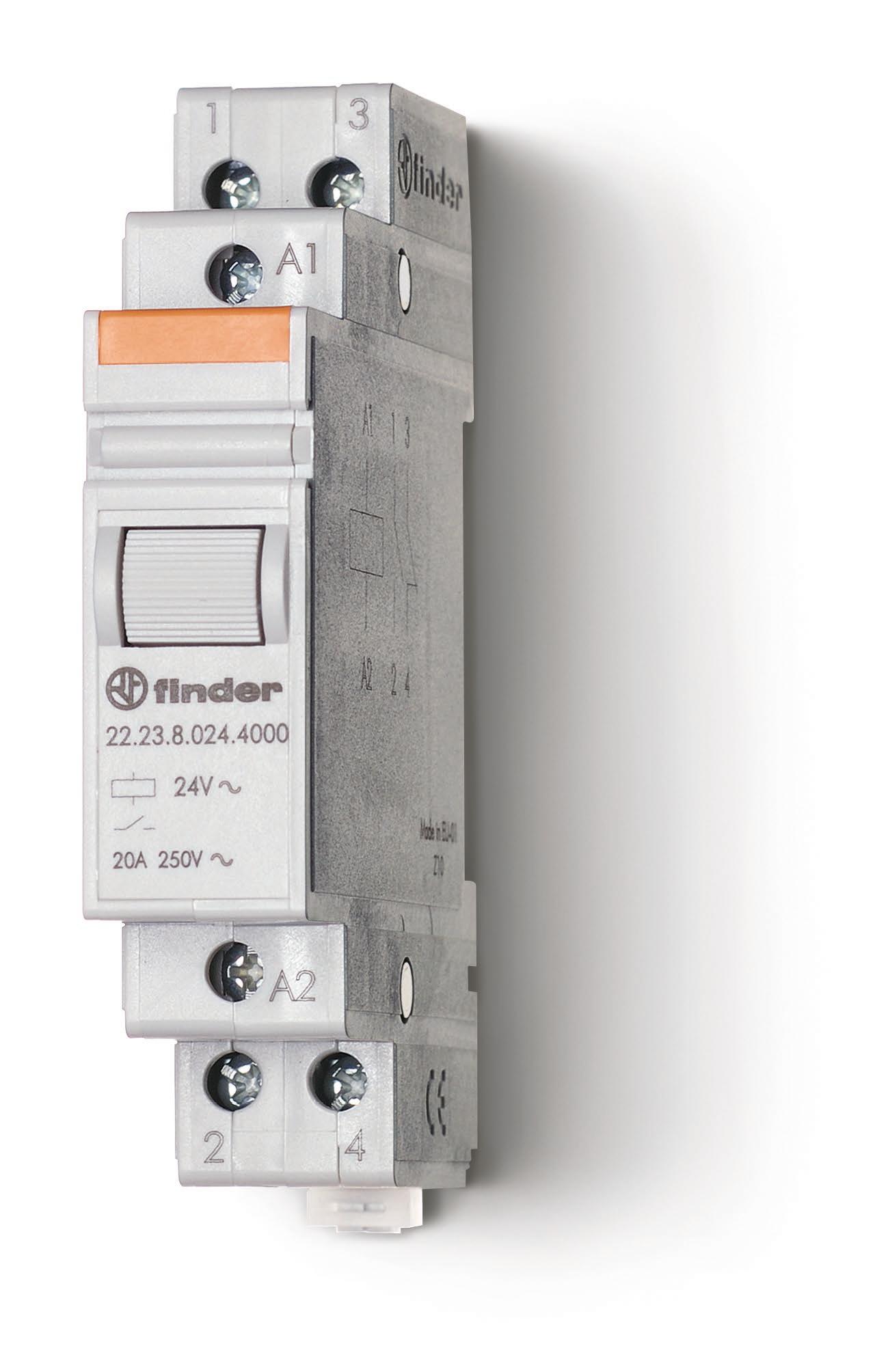 Изображение Finder Модульный контактор; 1NO+1NC 20А; контакты AgSnO2; катушка 24В DС; ширина 17.5мм; степень защиты IP20; опции: нет; упаковка 1шт.