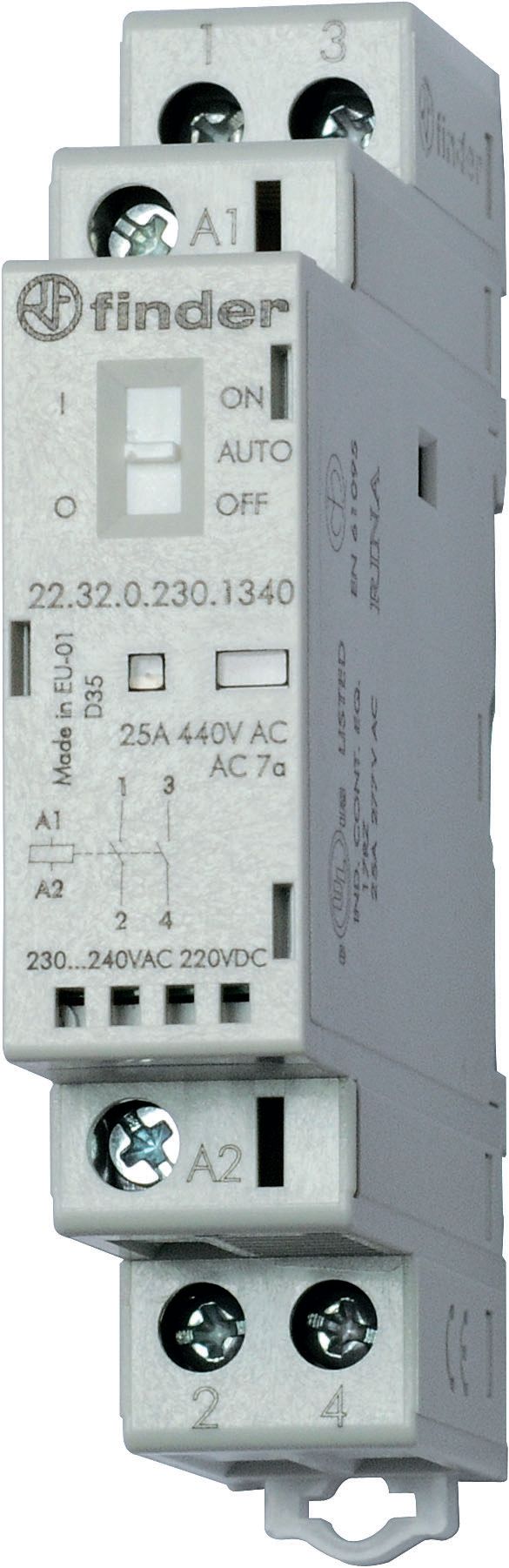 Изображение Finder Модульный контактор; 2NO 25А; контакты AgNi; катушка 24В АС/DC; ширина 17.5мм; степень защиты IP20; опции: переключатель Авто-Вкл-Выкл + мех.ин