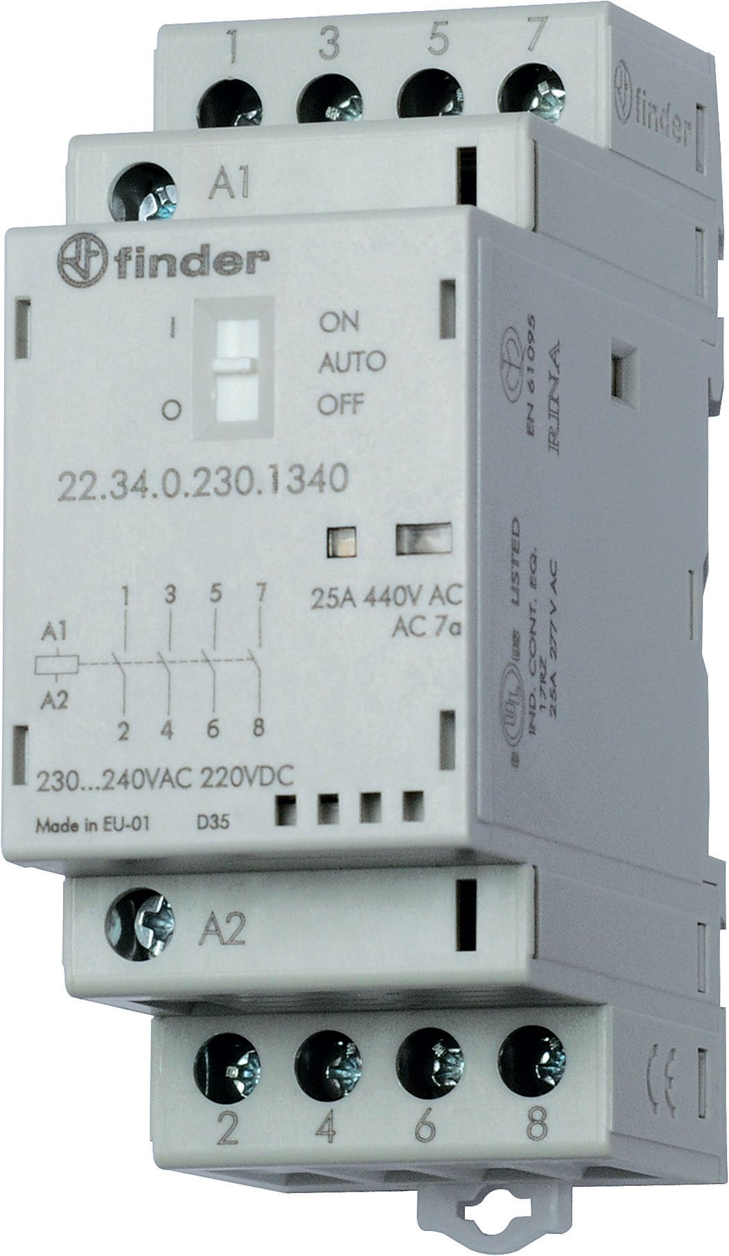 Изображение Finder Модульный контактор; 4NO 25А; контакты AgSnO2; катушка 230В АС/DC; ширина 35мм; степень защиты IP20; опции: переключатель Авто-Вкл-Выкл + мех.и
