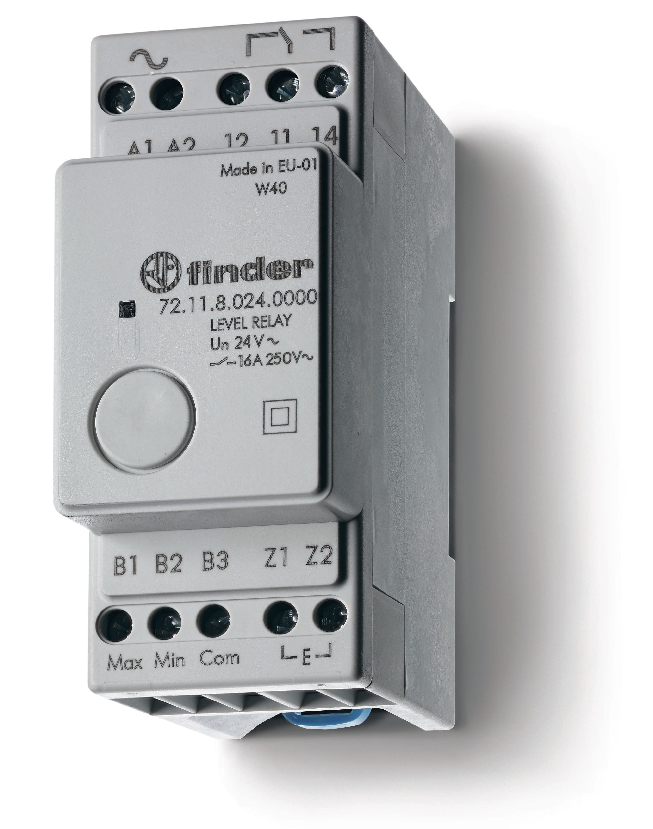 Изображение Finder Реле контроля уровня; фиксированный диапазон чувствительности 150кОм; питание 24В DC; выход 1CO 16А; модульное, ширина 35мм; степень защиты IP2