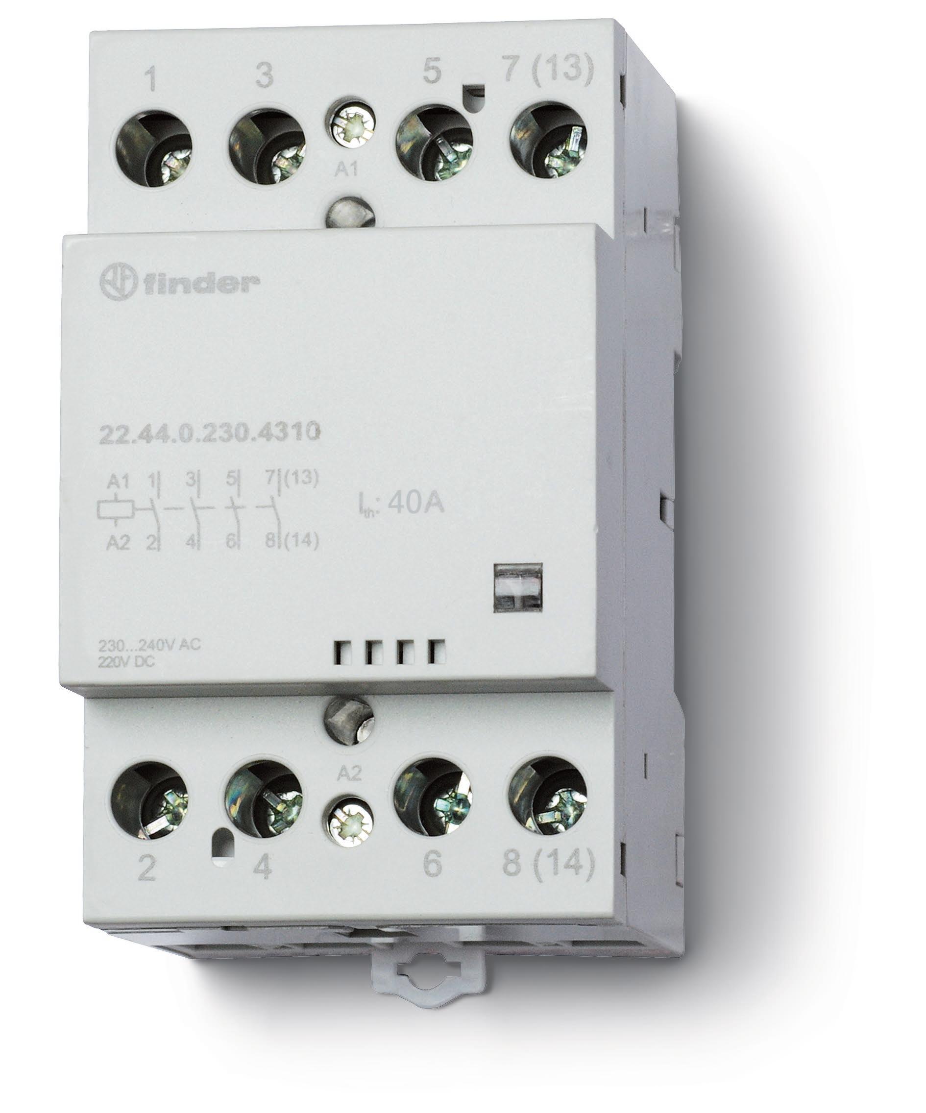 Изображение Finder Модульный контактор; 4NO 40А; контакты AgSnO2; катушка 230В АС/DC; ширина 53.5мм; степень защиты IP20; опции: мех.индикатор; упаковка 1шт.